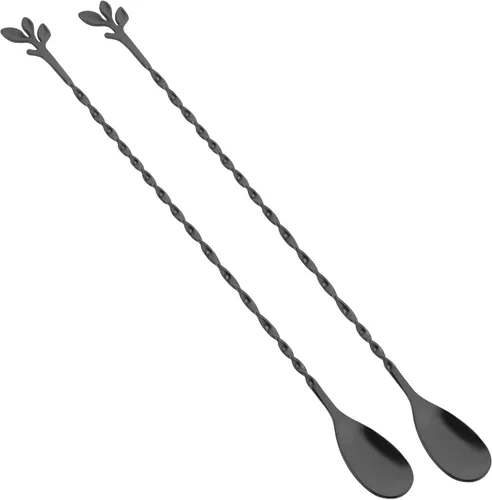 Vista 10 de AnSaw - Cuchara de cóctel de acero inoxidable de 10 pulgadas con mango de hoja, negra - Perfecta para mezclar y estratificar bebidas en vasos altos
