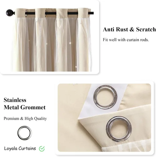 Vista 4 de Loyala Cortinas opacas de doble capa con diseño de estrellas para dormitorio de niños, bonitas, 63 pulgadas de largo, juego de 2 paneles, beige, 42
