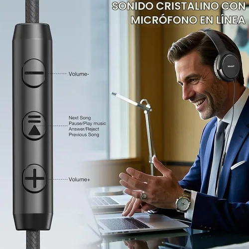 Vista 5 de Auriculares con cable USB C sobre la oreja con micrófono, control de volumen, puerto compartido y diadema ajustable, auriculares estéreo plegables