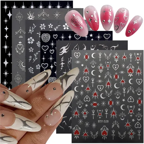 Vista 9 de Calcomanías de arte de uñas doradas, diseño de sol, luna, estrellas, línea de corazón, flores, calcomanías autoadhesivas para uñas, calcomanías