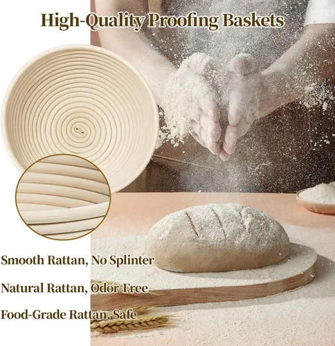 Vista 4 de Banneton - Cesta de prueba de pan, juego de 2 cestas (redondas de 9 pulgadas) – Banneton de ratán natural con 4 forros de lino – Cesta de pan