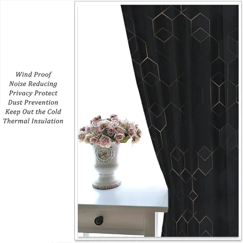Vista 73 de Cortinas Negras con Dobladillo Dorado, Cortinas Opacas con Bolsillo para Barra con Estampado de Rayas de Foil en Onda Dorada para Decoración de Negro