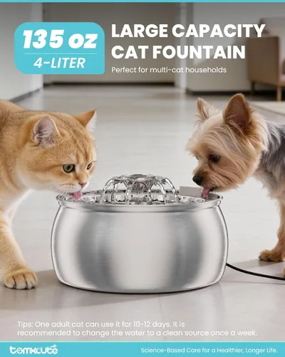 Vista 5 de Tomxcute Fuente de agua para gatos de acero inoxidable, fuente para gatos Plateado