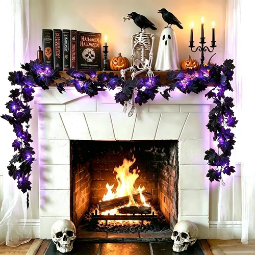 Vista 4 de Halloween Decor-2Pcs Black Maple Leaf Garland,Battery Operated String Light 6.5 Ft 30LED Purple Lights for Fireplace,Porch,Table,Wall,Party,Indoor