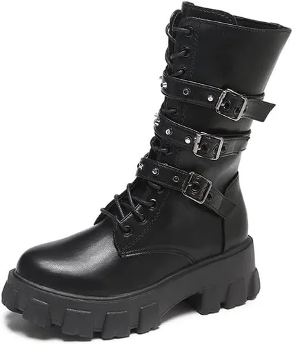 Vista 8 de Botas de media pantorrilla para mujer, ligeras, a la moda, con múltiples hebillas, con cordones, antideslizantes, altura de motocicleta