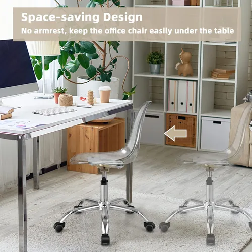 Vista 3 de Giantex Silla de escritorio de acrílico, silla enrollable de oficina transparente sin brazos, silla fantasma de ocio ajustable con base cromada