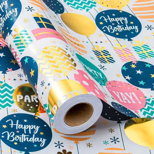 Vista 19 de Homeral Rollo de papel de regalo azul para cumpleaños - 17 pulgadas x 16.5 pies, con letras reversibles de "Feliz Cumpleaños" y velas coloridas.