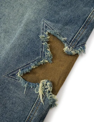 Vista 3 de Vamtac Pantalones cortos de mezclilla para hombre, diseño de retazos de estrellas, tiro medio, casual, holgado, para verano, pantalones de mezclilla