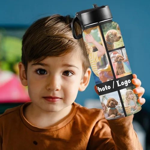 Vista 2 de Botella de agua personalizada con foto, botella de agua deportiva de acero inoxidable con imagen personalizada para niños, hombres y mujeres
