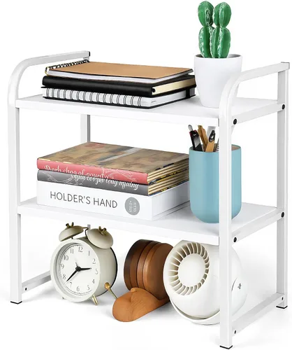 Vista 9 de Organizador de estante de escritorio de 2 niveles para la parte superior del escritorio, estante de almacenamiento de suministros de madera y metal