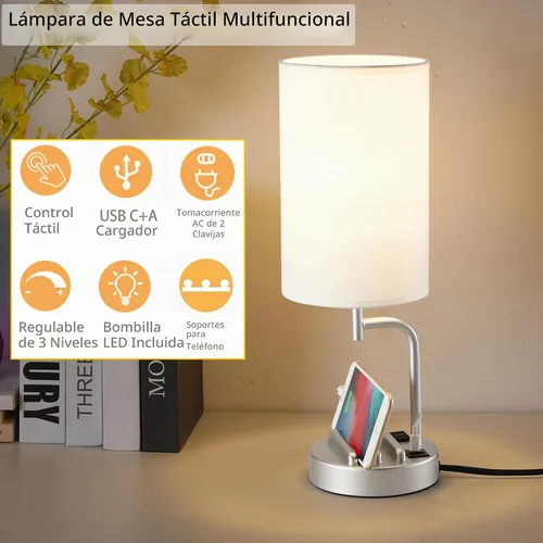 Vista 3 de Dreamholder - Lámpara de mesa con control táctil USB, lámpara de noche mejorada de 3 vías regulables con puertos de carga USB C y A y tomacorriente