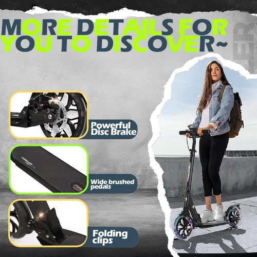 Vista 6 de Commuter - Scooter para adultos de 300 libras de capacidad, ruedas grandes, patinete plegable deportivo para niños de 10 años en adelante, 4 niveles