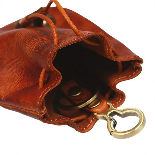 Vista 6 de Monedero medieval de piel auténtica, organizador de monedas, soporte para cambios, bolsa pequeña de cuero con cordón para hombres y mujeres, Rojo