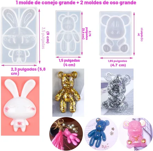 Vista 3 de EuTengHao 132 moldes de silicona para animales, kit de fundición de resina que contiene 4 osos 3D, oso, conejo, gato, pata, collar, colgante, gema