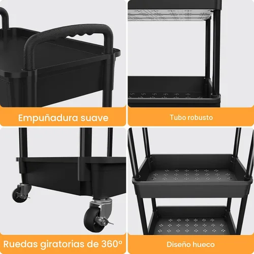 Vista 2 de Carrito rodante de 3 niveles con cajón, carrito de servicio REBECAT hecho de organizador de almacenamiento multifuncional para cocina, baño, sala