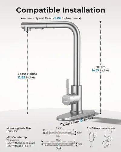 Vista 2 de WEWE Grifo de cocina de acero inoxidable de 14.5 pulgadas de alto con rociador extraíble, grifo de fregadero giratorio de 360° de níquel cepillado