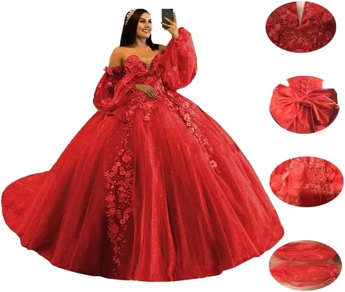 Vista 5 de Youjiayi Vestidos de quinceañera de manga hinchada, vestido de baile 3D floral dulce 15 16 vestidos de hombro descubierto vestidos de baile con cola