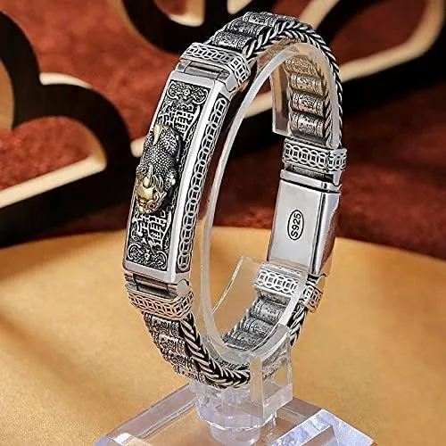 Vista 4 de Pulsera giratoria de plata esterlina S925 Feng Shui PIXIU para hombresmujeres, atrae riqueza dinero y buena suertepulsera tibetana de oración