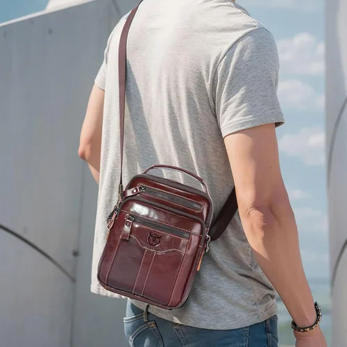 Vista 6 de Bolsos cruzados de cuero para hombre, bolso de hombro casual, bolso de mensajero de viaje, bolso vintage con múltiples bolsillos