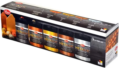 Vista 3 de Viva Decor Juego de pinturas acrílicas metálicas, plateado, gris plateado, dorado, bronce, cobre (5 x 3.4 fl oz), efecto metálico glamoroso, también