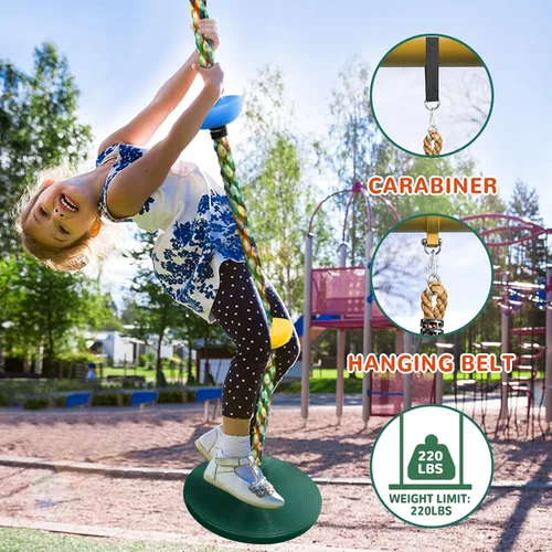 Vista 5 de Columpio de árbol para niños, juego de cuerda de escalada de asiento de un solo disco resistente con correa para colgar y mosquetones de plataforma