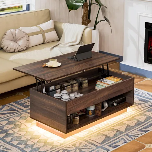 Vista 17 de HOMMPA Mesa de centro moderna con tapa elevable con almacenamiento para sala de estar, mesa de centro LED, mesa de comedor de madera con 2 cajones