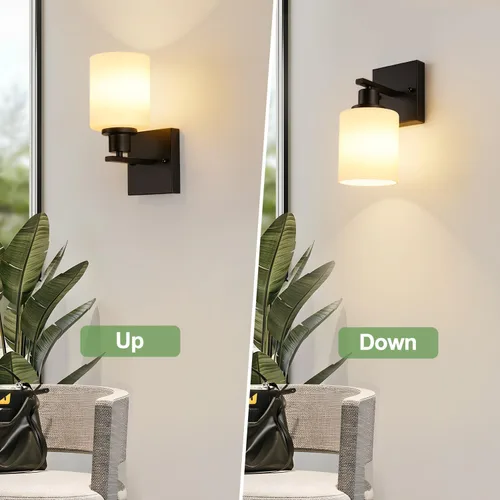 Vista 4 de MOKATNG Juego de 2 apliques de pared para baño, luces de tocador modernas negras con pantalla de vidrio blanco, lámpara de pared de baño
