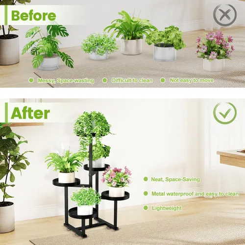 Vista 4 de Soporte de metal para plantas de 5 niveles para interiores, soportes de esquina escalonados para múltiples plantas, 27 pulgadas de alto, soporte