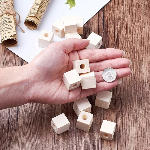 Vista 3 de 50pcs 0.748-0.787 in (3/4") Natural Blank Wooden Cube Beads Unfinished Large Hole Craft Bloques de madera