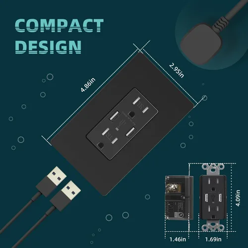 Vista 5 de TOPELER Toma de corriente de carga USB negra de 4.8 A, receptáculo dúplex resistente a manipulaciones de 15 amperios, enchufe eléctrico con puertos