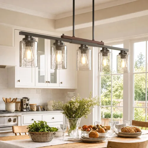 Vista 10 de Amico Lámpara de Comedor de 4 Luces para Isla de Cocina con Varillas Ajustables, Candelabro de Decoración Rústica de Metal Negro y Madera