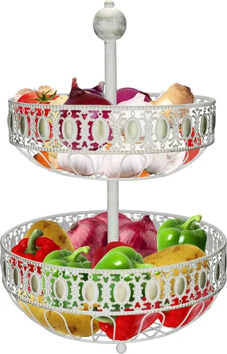Vista 3 de ROSYLINE Cesta de frutas de 2 capas, adecuado para cocina, decoración de mesa de comedor y almacenamiento (bronce cepillado blanco)