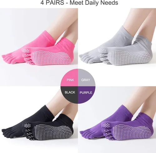 Vista 4 de CAFANDY Calcetines de yoga con empuñaduras para mujer, calcetines antideslizantes para pilates, barre, fitness, baile, 4 pares