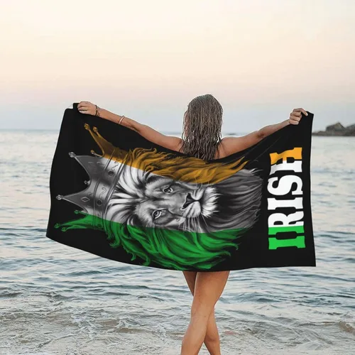 Vista 7 de Toalla de playa de microfibra, toallas de baño grandes de tamaño King Lion con bandera irlandesa para mujeres y hombres, toallas de baño de secado