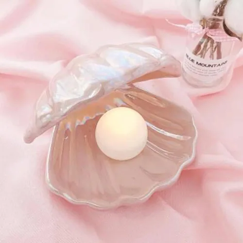 Vista 5 de Koolouispoper Ins estilo japonés de cerámica concha perla noche luz serpentina sirena hada Shell lámpara de noche para cabecera decoración del hogar