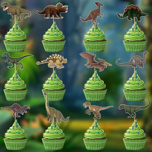 Vista 9 de 48 piezas de decoración de cupcakes de dinosaurio rugido dinosaurio decoración de pastel de cumpleaños para temática de dinosaurio, suministros
