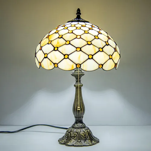 Vista 12 de Tiffany Style Stained Glass Table Lamp, Floral Pattern Desk Light with Antique Bronze Resin Base, Red Roses Decorative Lighting for Bedroom, Living