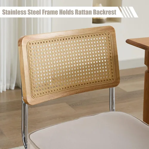 Vista 7 de Juego de 2 sillas de comedor de terciopelo con respaldo de ratán, diseño moderno Breuer con base cromada inoxidable sin brazos tapizada para Beige