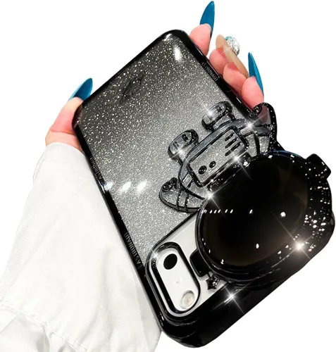 Vista 18 de Funda de teléfono con soporte oculto de astronauta para iPhone 11, bonito protector de cámara de lente de astronauta, soporte con purpurina