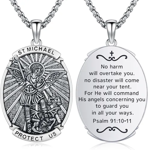 Vista 28 de Collar con colgante de amuleto de medalla de San de plata 10A-St Michael Oval
