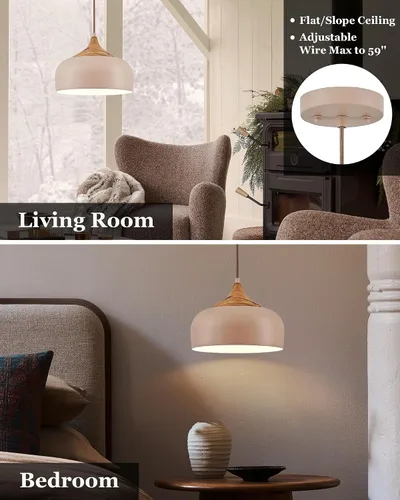 Vista 7 de ELYONA Lámpara colgante japonesa moderna de 12 pulgadas para isla de cocina, lámpara colgante de granja con pantalla de metal de grano de madera