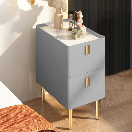 Vista 12 de Mesita de noche moderna de madera maciza con almacenamiento de 2 cajones, parte superior de mármol, práctica mesa auxiliar auxiliar para dormitorio