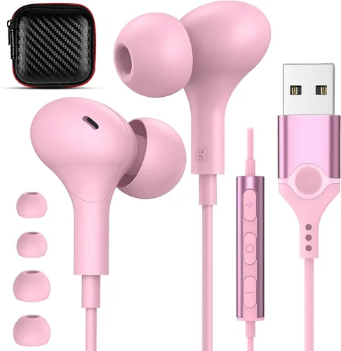 Vista 9 de Auriculares USB con micrófono para laptop, auriculares magnéticos con cable de 7.5 pies con aislamiento de ruido, auriculares intrauditivos