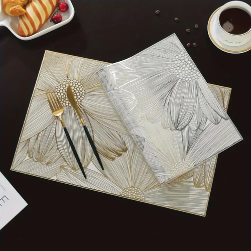 Vista 6 de Juego de 6 manteles individuales cuadrados dorados para mesa de comedor, de vinilo prensado, manteles individuales metálicos lavables y lavables