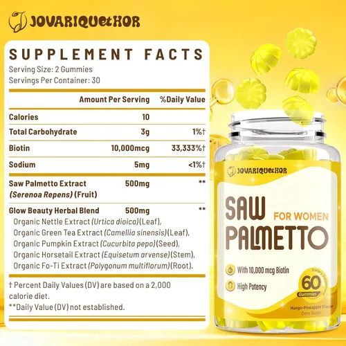 Vista 2 de Jovariquethor Saw Palmetto para Mujeres - Bloqueador de DHT, suplemento para el crecimiento del cabello - Gomitas potentes de 500mg de saw palmetto