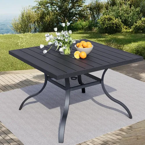 Vista 19 de Mesa de bar para exteriores, mesa cuadrada de 36.5 pulgadas de altura con marco de metal resistente y parte superior de listones resistente a