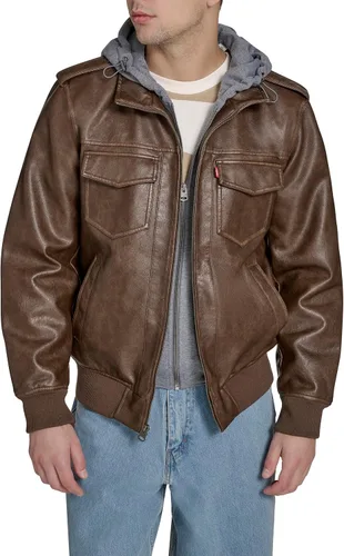 Vista 9 de Levi's Men's Faux Leather Aviator Bomber Jacket With Jersey Bib and Hood