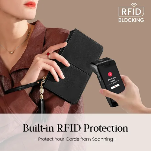 Vista 3 de befen Clutch de Muñeca de Cuero Genuino para Mujeres Ultra-Delgado Portador de Tarjetas de Crédito para Damas Cartera Monedero con Protección RFID