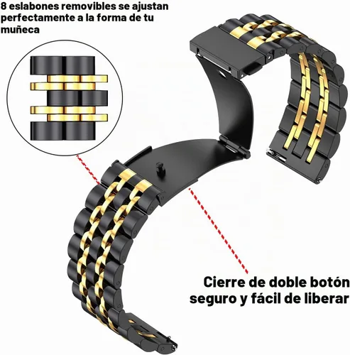 Vista 3 de 18mm 20mm 22mm Quick Release Metal Watch Band for Garmin Samsung Amazfit Negro dorado