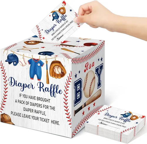 Vista 34 de Teling 51 boletos para rifas de pañales con caja de tarjetas, decoración de baby shower, caja de revelación de género para fiesta de rifas
